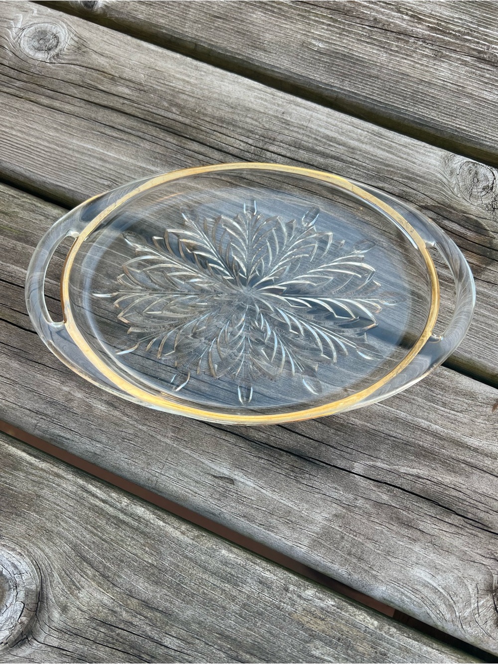 Vintage Jeannette Clear Glass Serving Tray with Gold Rim - Elegant Floral Cut